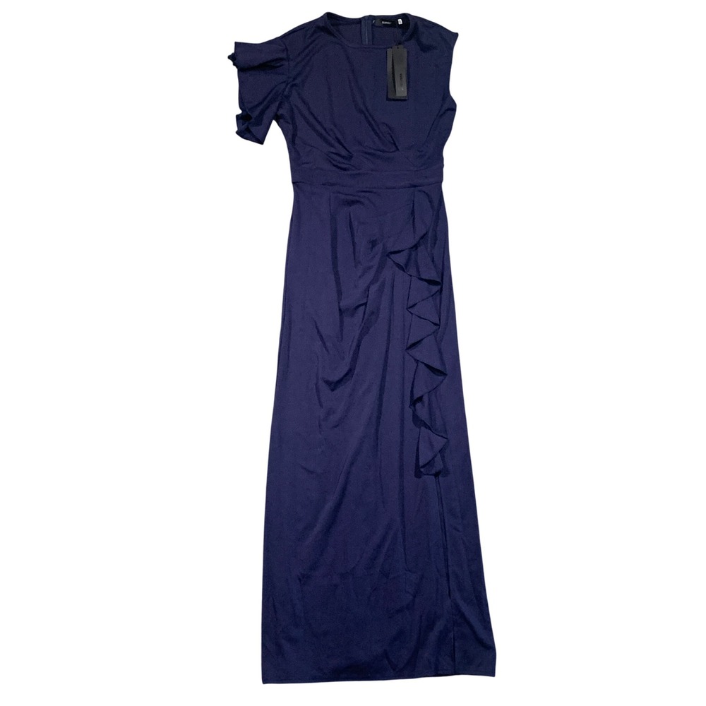 ALLANDWELL Maxi Dress Women Size M Navy Blue Ruffle One Shoulder Evening 801B